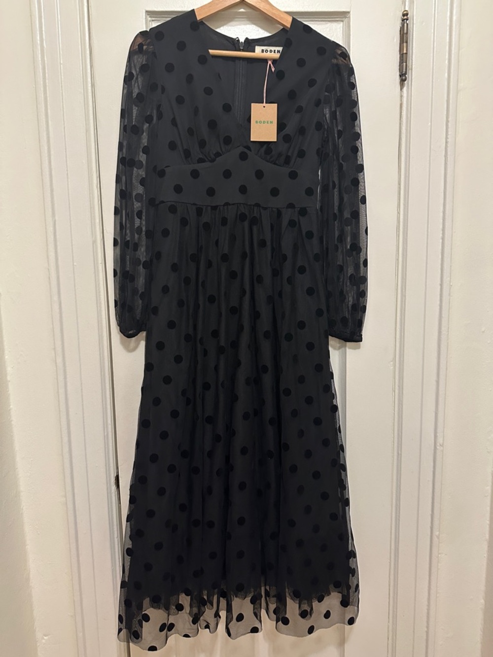 Boden Black Polka Dot Mesh Midi Dress with Sheer Sleeves